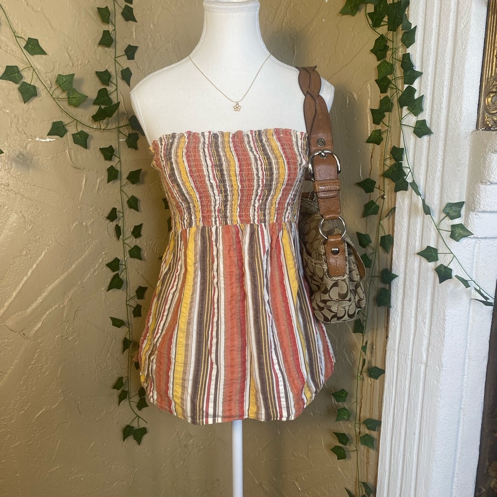 y2k Strapless Smocked Earth Tone Boho Striped Babydoll Tube Top